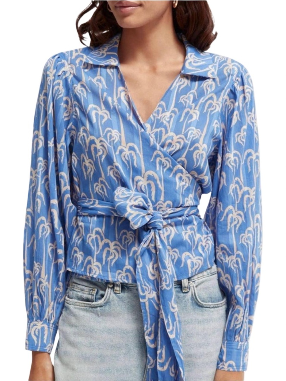 Scotch & Soda Blue and White Palm-Print Wrap Blouse